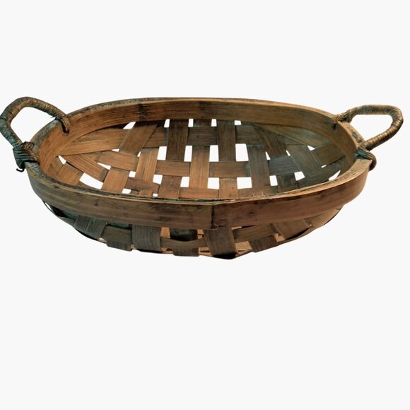 Vintage Oval Woven Bamboo Basket Twisted Handle Rustic Decor Cottage - Picture 1 of 7